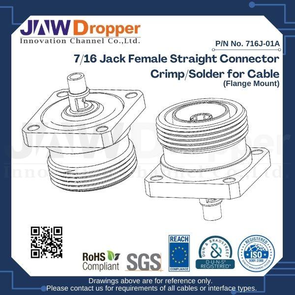 7/16 Jack Female Straight Connector Crimp/Solder for Cable (Flange Mount)