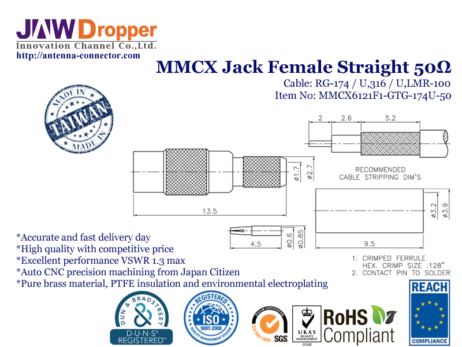 MMCX Jack Female Straight Coaxial Connector 50 ohms for RG174 U316 LMR100 Cable