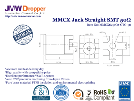 MMCX Jack Female Straight SMT Coaxial Connector 50 ohms