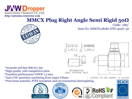MMCX Plug Male Right Angle Semi Rigid Coaxial Connector 50 ohms for .085 Cable