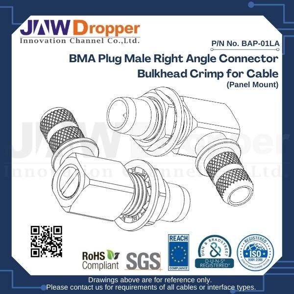 BMA Plug Male Right Angle Connector Bulkhead Crimp for Cable (Panel Mount)