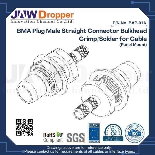BMA Plug Male Straight Connector Bulkhead Crimp/Solder for Cable (Panel Mount)