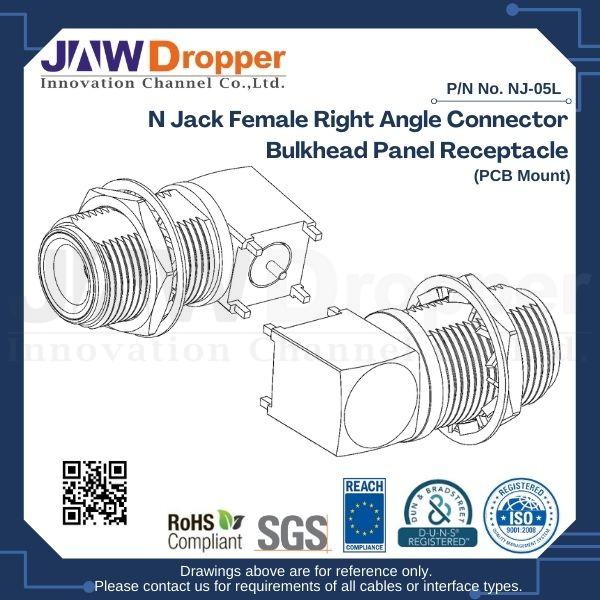 N Jack Female Right Angle Connector Bulkhead Panel Receptacle (PCB Mount)