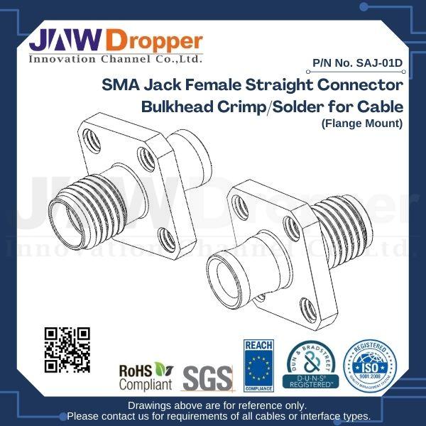 SMA Jack Female Straight Connector Bulkhead Crimp/Solder for Cable (Flange Mount)