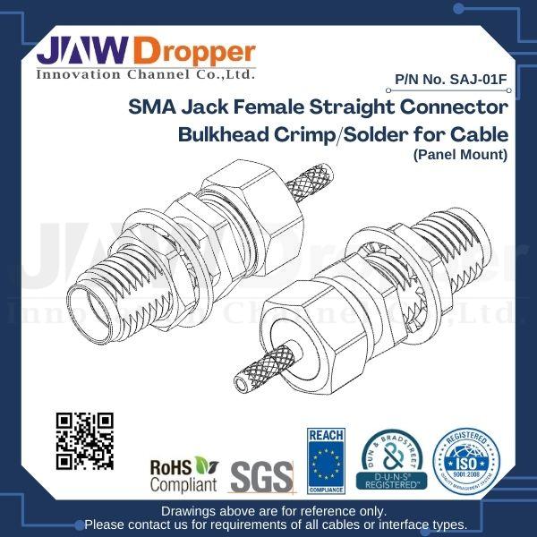 SMA Jack Female Straight Connector Bulkhead Crimp/Solder for Cable (Panel Mount)